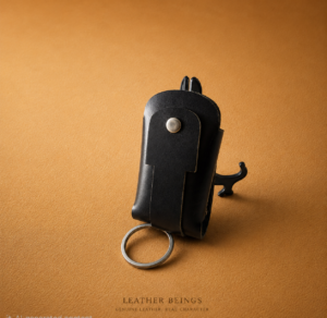 Key Cover for Car & Bike Keys – Snap Button Key Pouch with Key Ring (Navy / Black), Genuine Leather