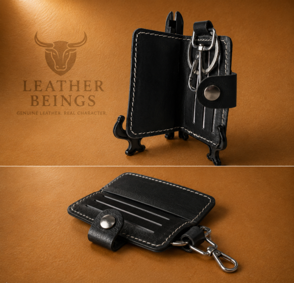 ChatGPT Image Jul 31, 2026, 09_01_07 PM(1)(1) Key Wallet with Pocket Slots, Stainless Steel Hook & Key Ring β Snap Button Keychain Book (Black), Genuine Leather