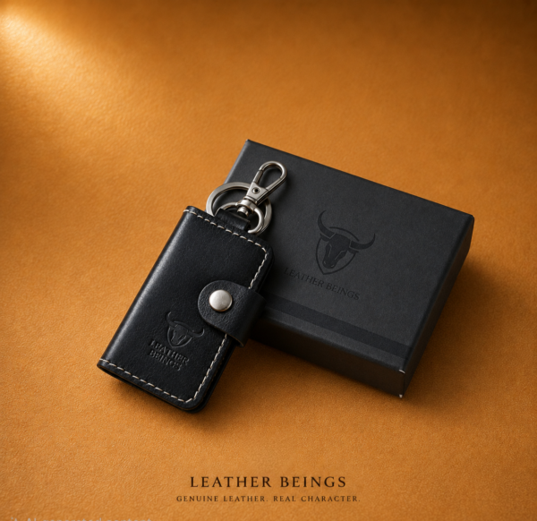 ChatGPT Image Jul 31, 2026, 09_31_36 PM(1) Key Wallet with Pocket Slots, Stainless Steel Hook & Key Ring β Snap Button Keychain Book (Black), Genuine Leather